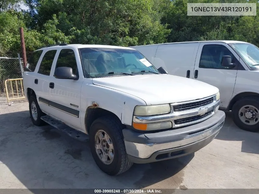 2003 Chevrolet Tahoe Ls VIN: 1GNEC13V43R120191 Lot: 39985248