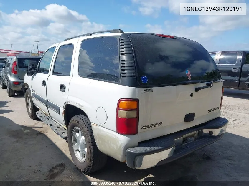 2003 Chevrolet Tahoe Ls VIN: 1GNEC13V43R120191 Lot: 39985248