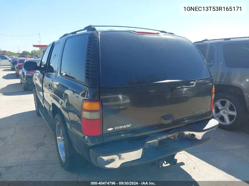 2003 Chevrolet Tahoe Lt VIN: 1GNEC13T53R165171 Lot: 40474796