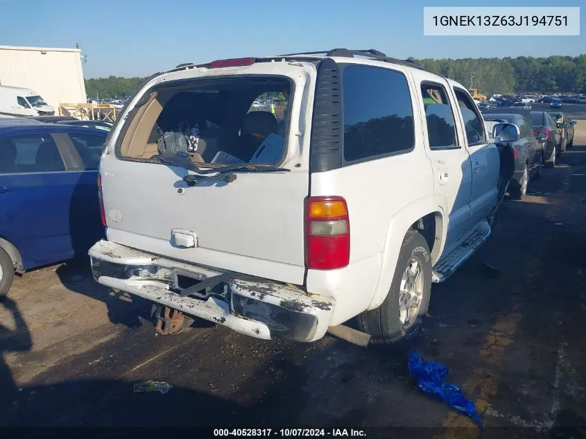 2003 Chevrolet Tahoe Ls VIN: 1GNEK13Z63J194751 Lot: 40528317