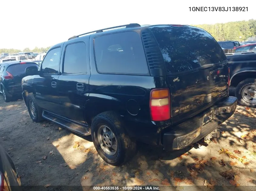 2003 Chevrolet Tahoe Ls VIN: 1GNEC13V83J138921 Lot: 40553535