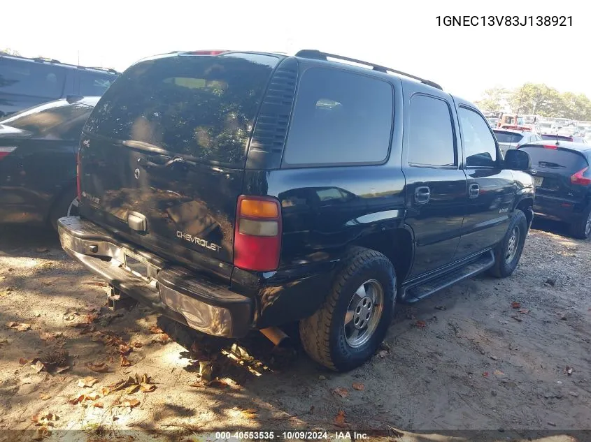 2003 Chevrolet Tahoe Ls VIN: 1GNEC13V83J138921 Lot: 40553535