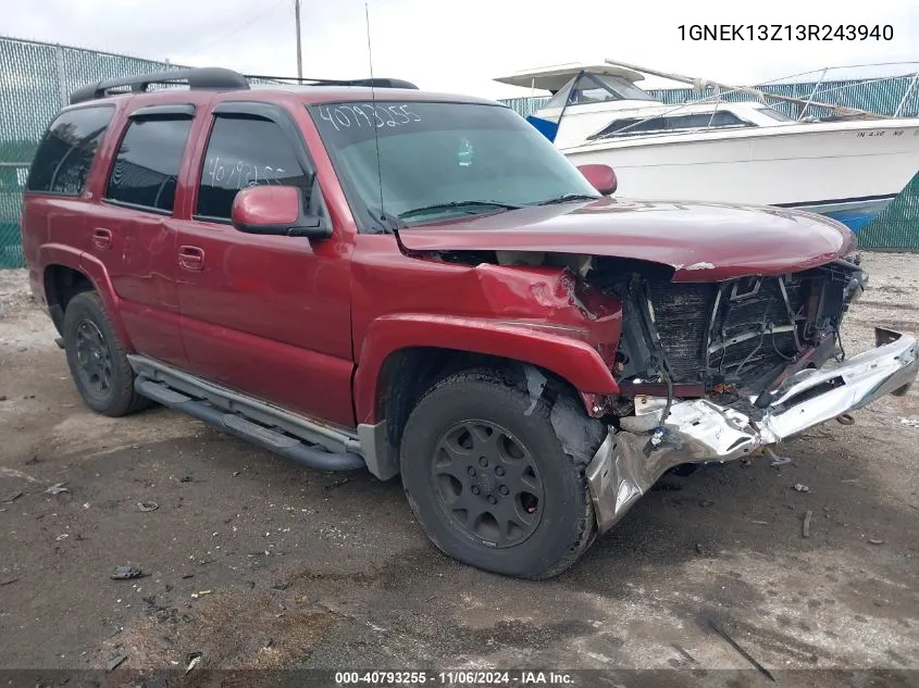 2003 Chevrolet Tahoe Z71 VIN: 1GNEK13Z13R243940 Lot: 40793255