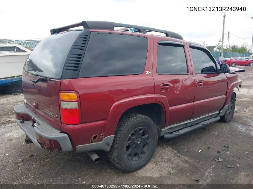 2003 Chevrolet Tahoe Z71 VIN: 1GNEK13Z13R243940 Lot: 40793255