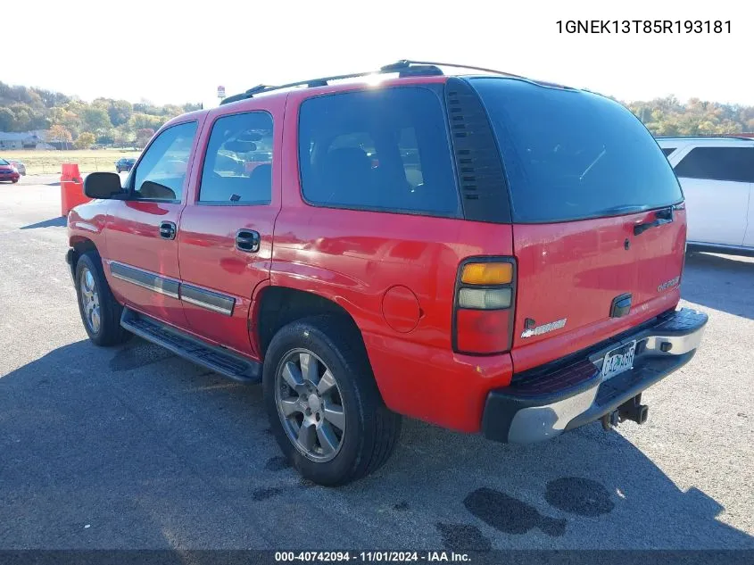 2005 Chevrolet Tahoe Lt VIN: 1GNEK13T85R193181 Lot: 40742094