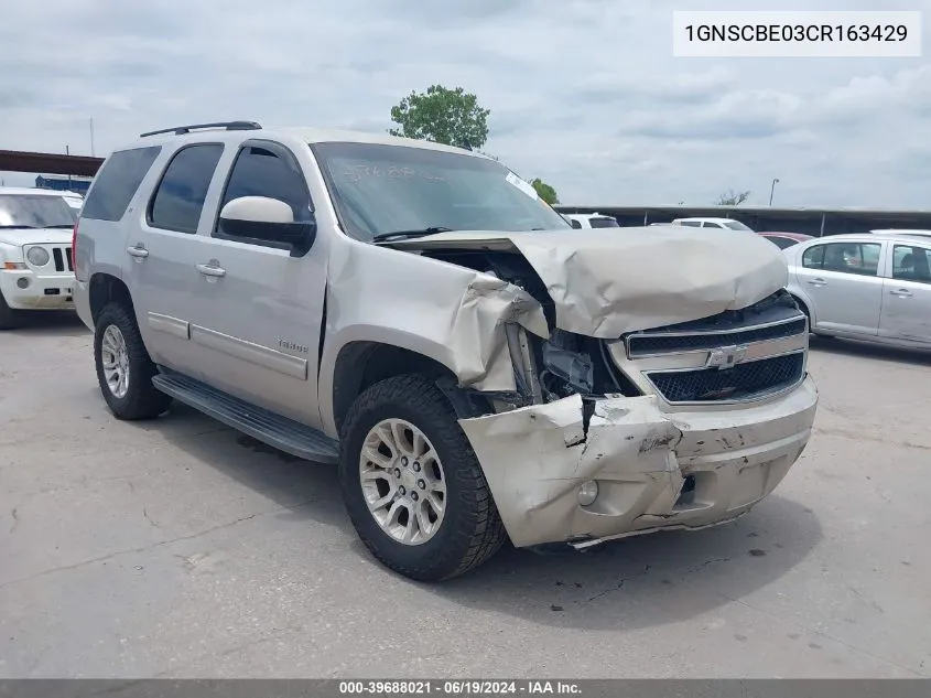 2012 Chevrolet Tahoe C1500 Lt VIN: 1GNSCBE03CR163429 Lot: 39688021