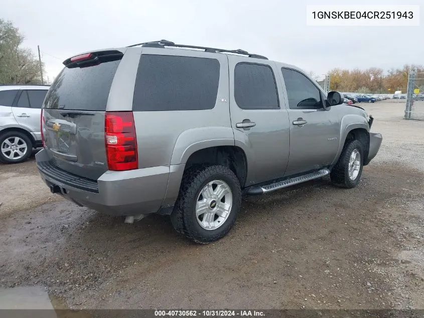 2012 Chevrolet Tahoe Lt VIN: 1GNSKBE04CR251943 Lot: 40730562