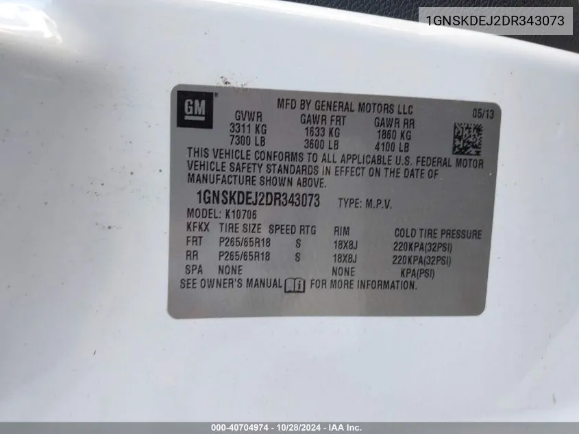 1GNSKDEJ2DR343073 2013 Chevrolet Tahoe Hybrid