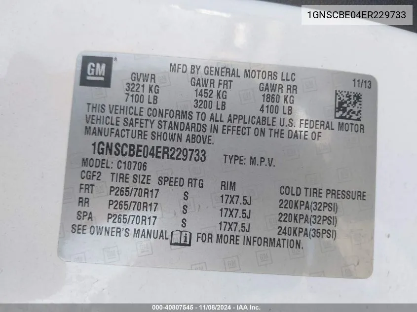 1GNSCBE04ER229733 2014 Chevrolet Tahoe Lt