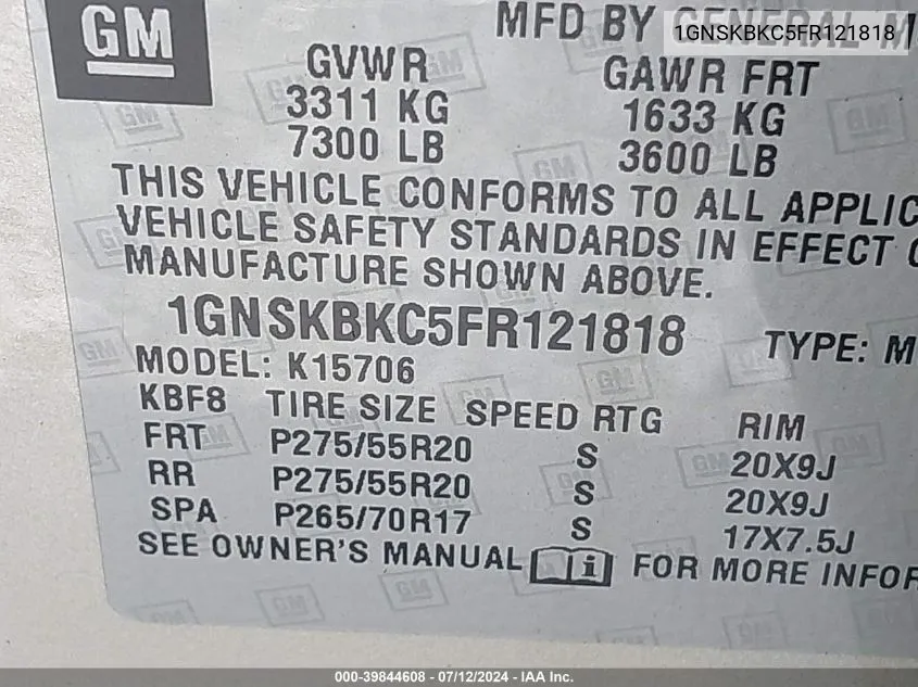 1GNSKBKC5FR121818 2015 Chevrolet Tahoe Lt