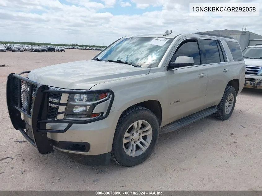 2016 Chevrolet Tahoe Lt VIN: 1GNSKBKC4GR292058 Lot: 39678890