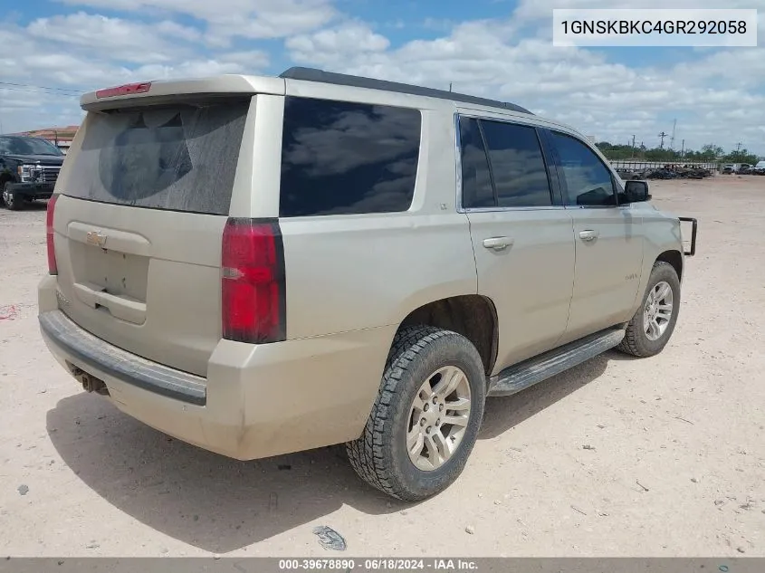 2016 Chevrolet Tahoe Lt VIN: 1GNSKBKC4GR292058 Lot: 39678890