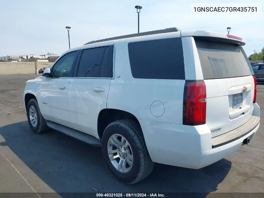 2016 Chevrolet Tahoe Ls VIN: 1GNSCAEC7GR435751 Lot: 40321025