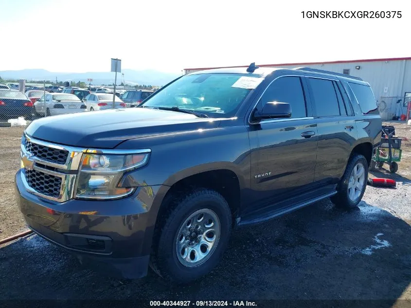 2016 Chevrolet Tahoe Lt VIN: 1GNSKBKCXGR260375 Lot: 40344927