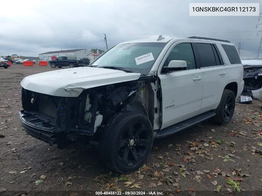 2016 Chevrolet Tahoe K1500 Lt VIN: 1GNSKBKC4GR112173 Lot: 40455122