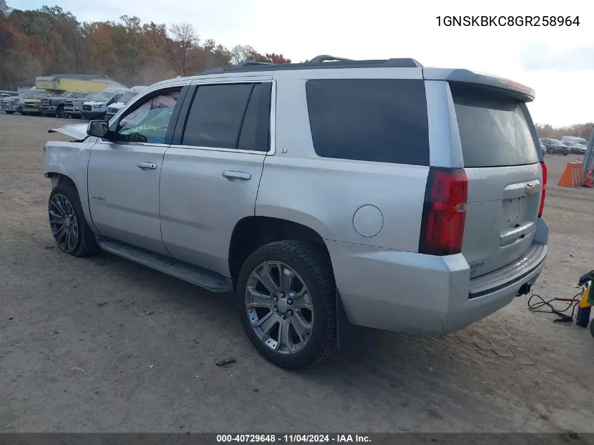 2016 Chevrolet Tahoe Lt VIN: 1GNSKBKC8GR258964 Lot: 40729648