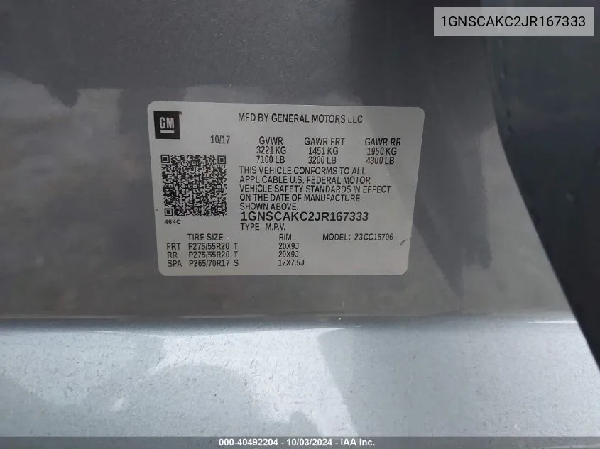 2018 Chevrolet Tahoe Ls VIN: 1GNSCAKC2JR167333 Lot: 40492204