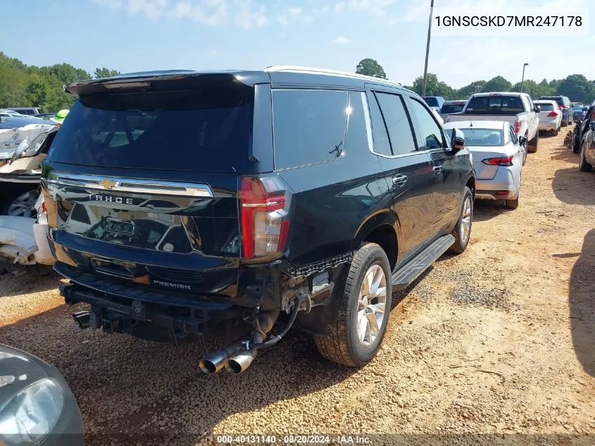 2021 Chevrolet Tahoe C1500 Premier VIN: 1GNSCSKD7MR247178 Lot: 40131140