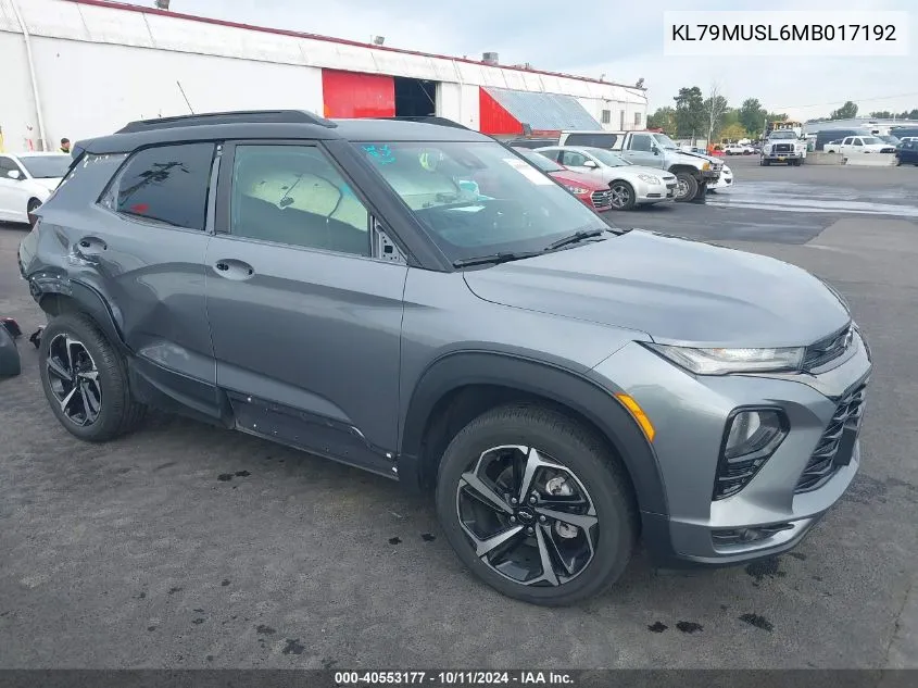 2021 Chevrolet Trailblazer Awd Rs VIN: KL79MUSL6MB017192 Lot: 40553177