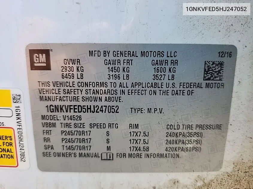 1GNKVFED5HJ247052 2017 Chevrolet Traverse Ls