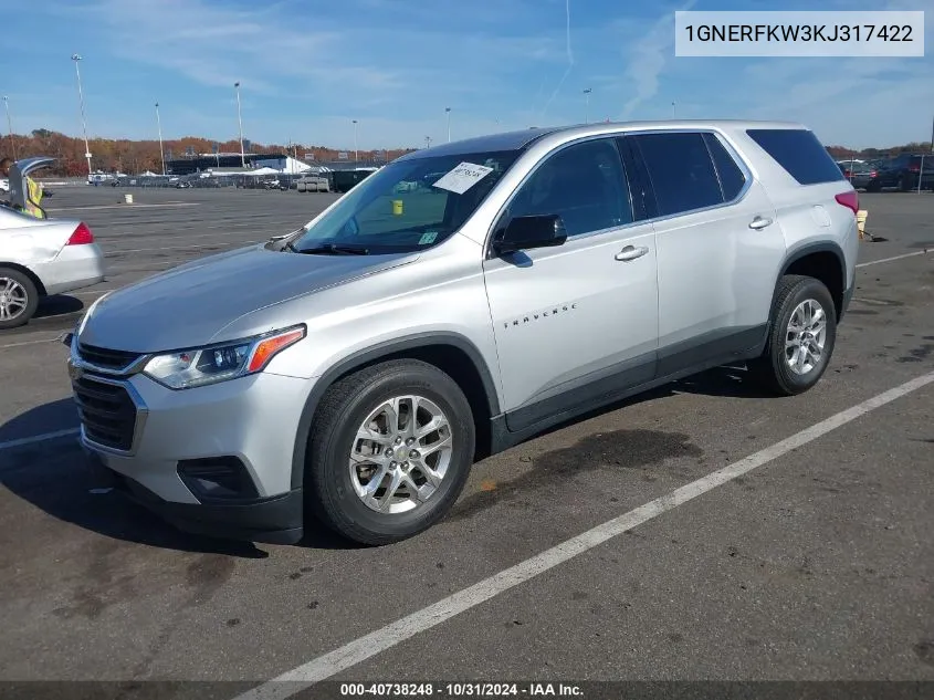 2019 Chevrolet Traverse Ls VIN: 1GNERFKW3KJ317422 Lot: 40738248