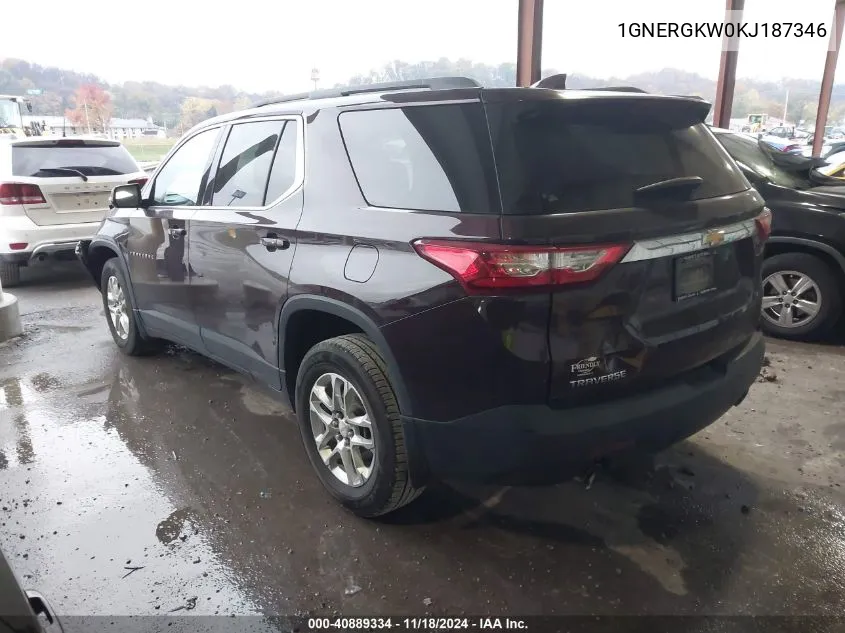 2019 Chevrolet Traverse 1Lt VIN: 1GNERGKW0KJ187346 Lot: 40889334