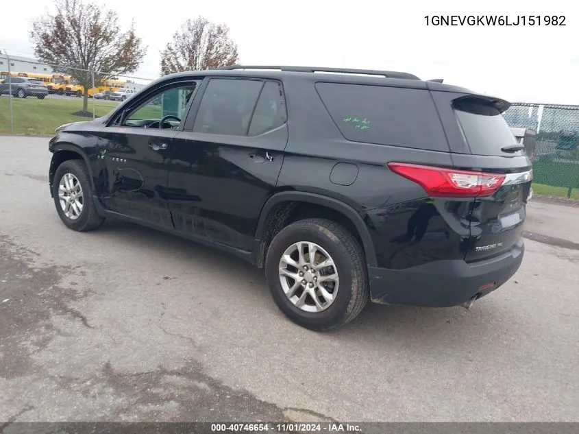 2020 Chevrolet Traverse Awd Lt Cloth VIN: 1GNEVGKW6LJ151982 Lot: 40746654