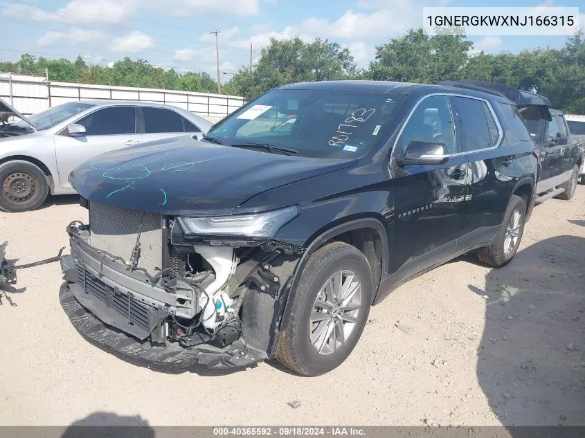 2022 Chevrolet Traverse Lt VIN: 1GNERGKWXNJ166315 Lot: 40365592