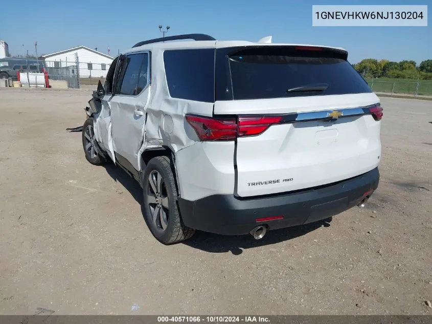 2022 Chevrolet Traverse Awd Lt Leather VIN: 1GNEVHKW6NJ130204 Lot: 40571066