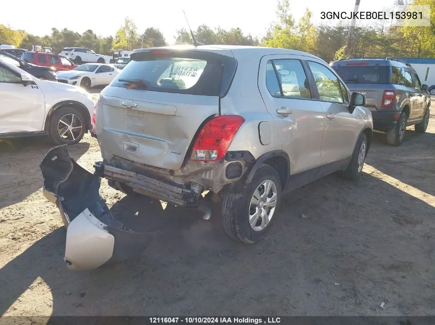 2014 Chevrolet Trax VIN: 3GNCJKEB0EL153981 Lot: 12116047