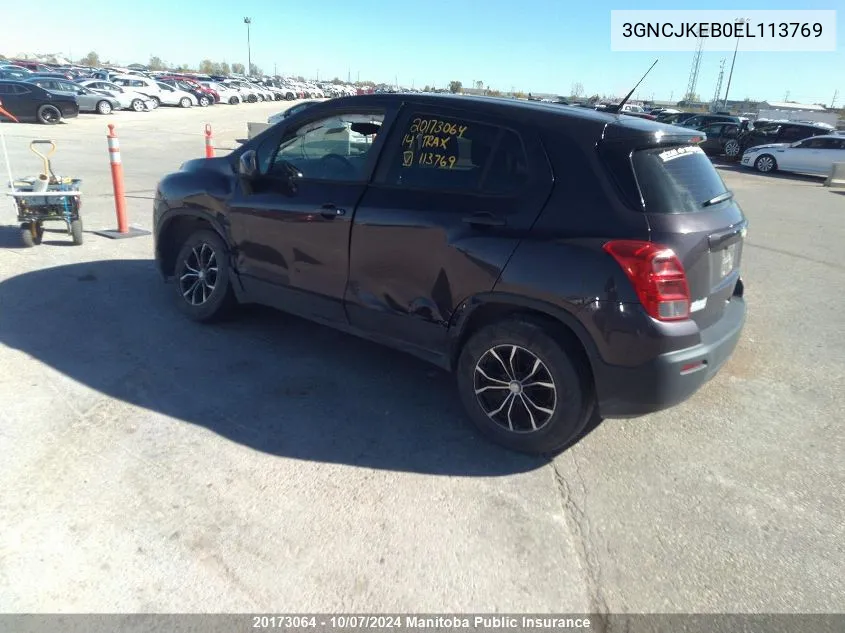 2014 Chevrolet Trax Ls VIN: 3GNCJKEB0EL113769 Lot: 20173064