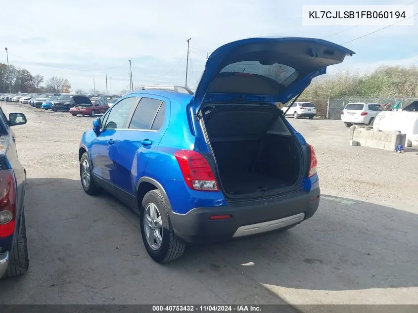 2015 Chevrolet Trax Lt VIN: KL7CJLSB1FB060194 Lot: 40753432