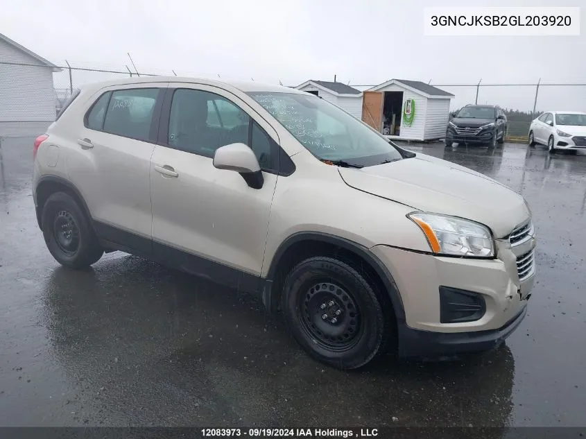 2016 Chevrolet Trax VIN: 3GNCJKSB2GL203920 Lot: 12083973