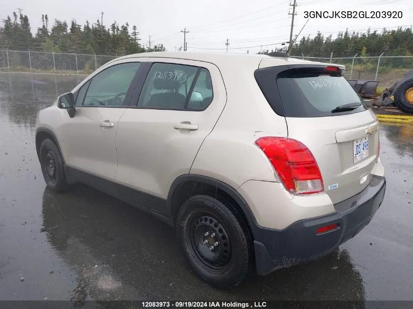 2016 Chevrolet Trax VIN: 3GNCJKSB2GL203920 Lot: 12083973