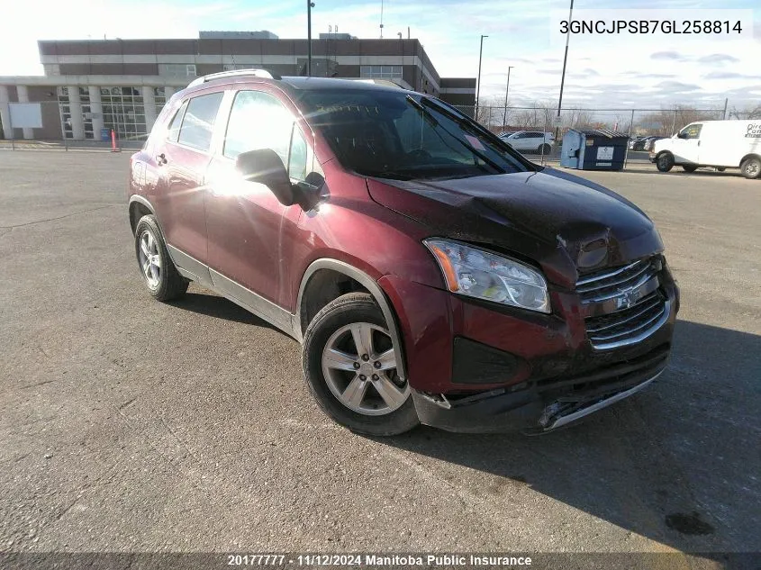 2016 Chevrolet Trax Lt VIN: 3GNCJPSB7GL258814 Lot: 20177777