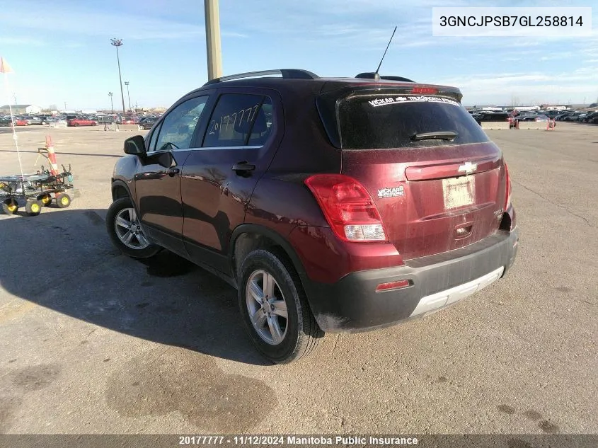 2016 Chevrolet Trax Lt VIN: 3GNCJPSB7GL258814 Lot: 20177777