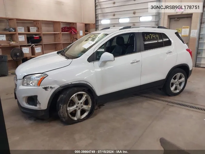 2016 Chevrolet Trax Ltz VIN: 3GNCJRSB9GL178751 Lot: 39864749