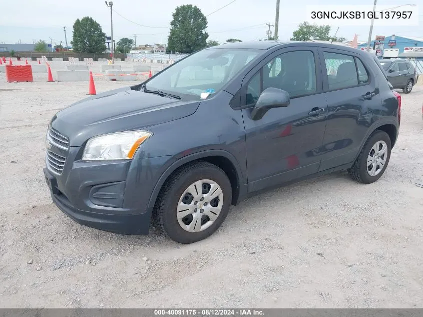 2016 Chevrolet Trax 1Ls VIN: 3GNCJKSB1GL137957 Lot: 40091175