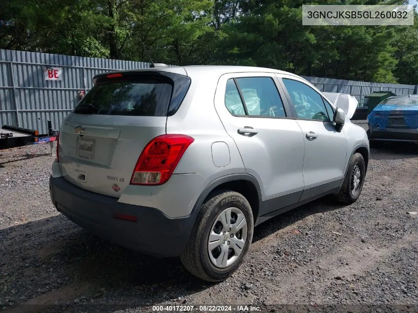 2016 Chevrolet Trax 1Ls VIN: 3GNCJKSB5GL260032 Lot: 40172207