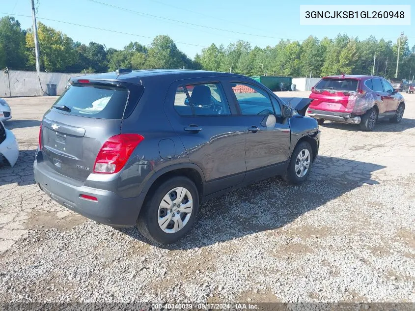 2016 Chevrolet Trax 1Ls VIN: 3GNCJKSB1GL260948 Lot: 40340039