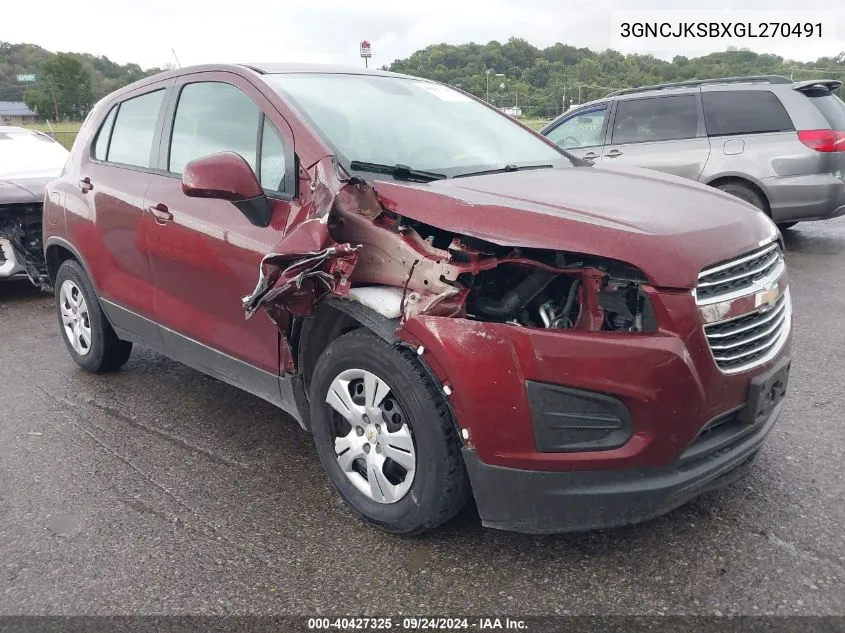 2016 Chevrolet Trax 1Ls VIN: 3GNCJKSBXGL270491 Lot: 40427325