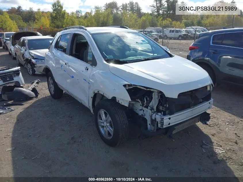 2016 Chevrolet Trax Lt VIN: 3GNCJPSB3GL215989 Lot: 40562850