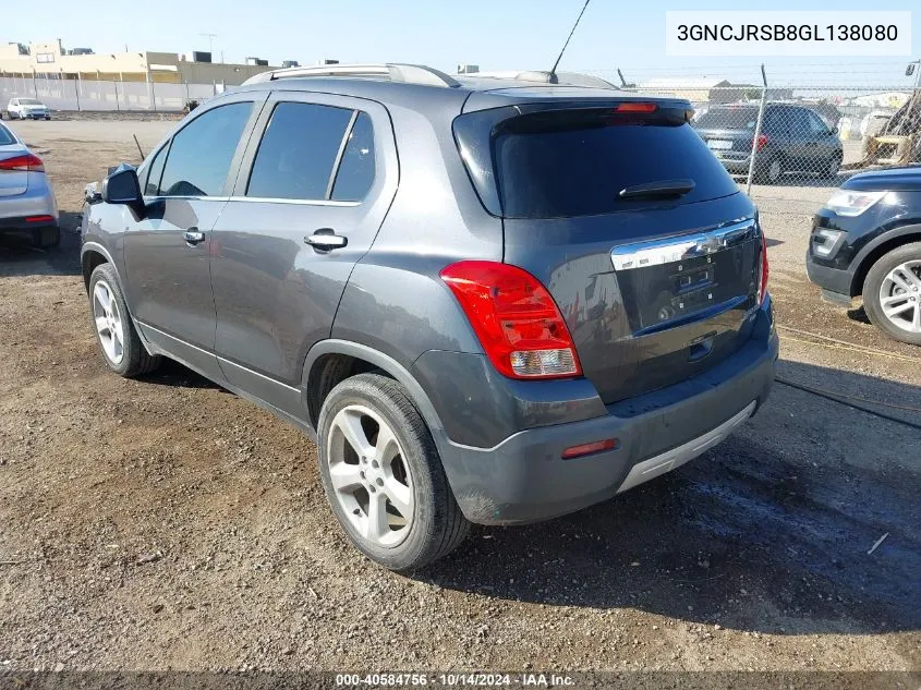 2016 Chevrolet Trax Ltz VIN: 3GNCJRSB8GL138080 Lot: 40584756