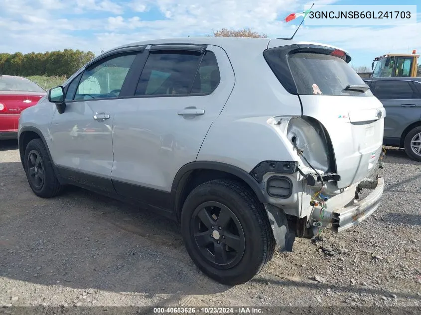 2016 Chevrolet Trax 1Ls VIN: 3GNCJNSB6GL241703 Lot: 40653626