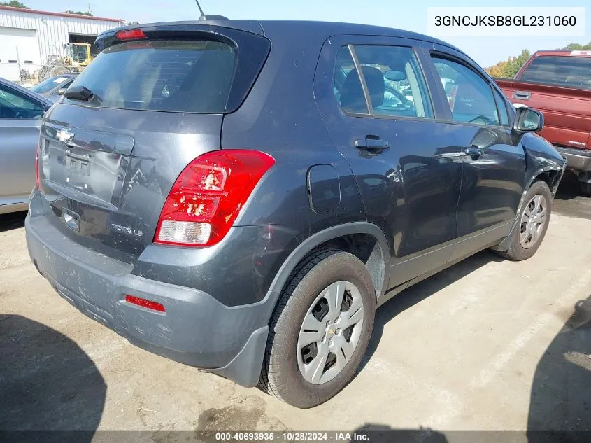 2016 Chevrolet Trax 1Ls VIN: 3GNCJKSB8GL231060 Lot: 40693935