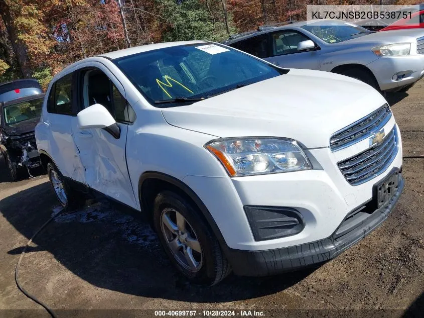 2016 Chevrolet Trax 1Ls VIN: KL7CJNSB2GB538751 Lot: 40699757