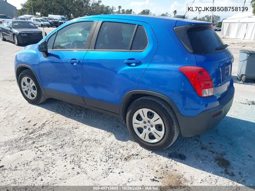 2016 Chevrolet Trax 1Ls VIN: KL7CJKSB5GB758139 Lot: 40719803