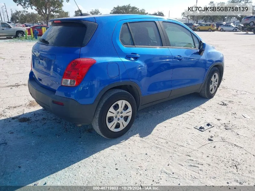 2016 Chevrolet Trax 1Ls VIN: KL7CJKSB5GB758139 Lot: 40719803