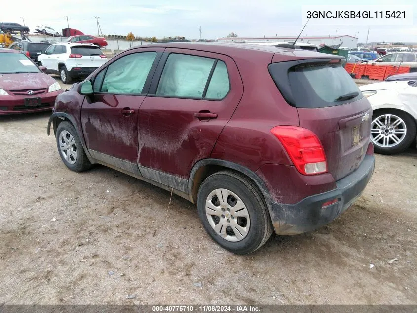 2016 Chevrolet Trax 1Ls VIN: 3GNCJKSB4GL115421 Lot: 40775710