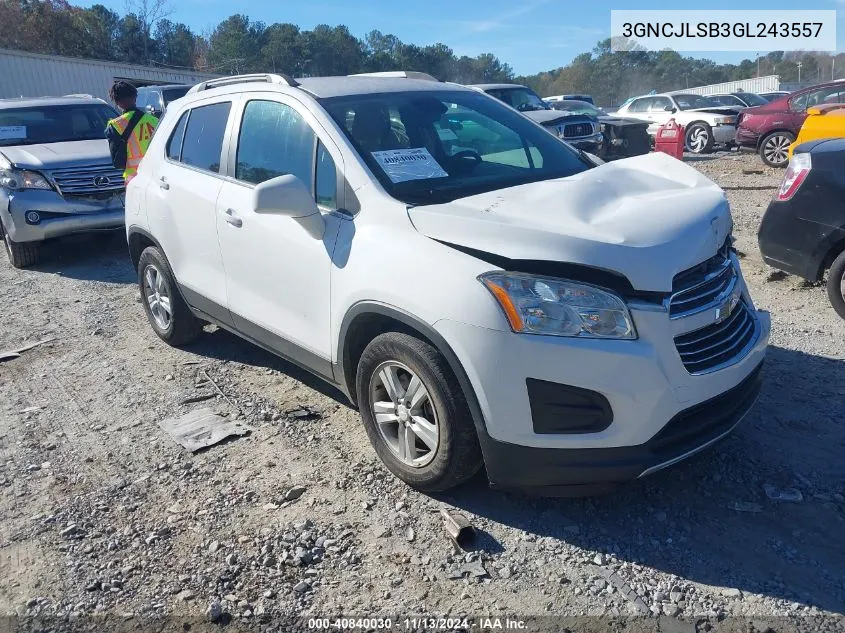 2016 Chevrolet Trax Lt VIN: 3GNCJLSB3GL243557 Lot: 40840030